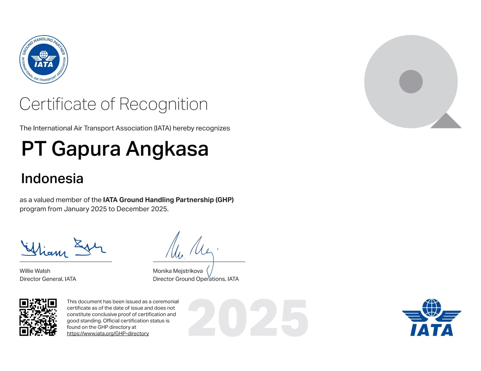 IATA GHP 2025 Certificate PT Gapura Angkasa